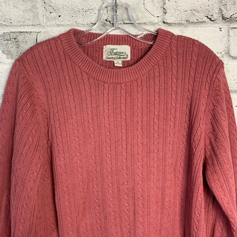 Vintage 90s Cable Knit Sweater M Pink Tradition Country Collection 80s Crewneck - Picture 2 of 14